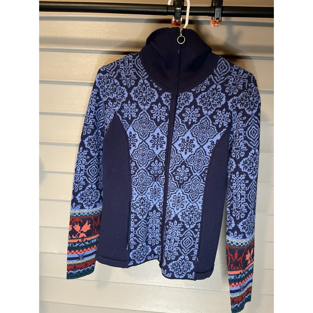 Vintage Icelandic Design Navy Blue Zip Cardigan W/ Sleeve Detail, S, Wool Blend‎